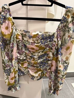 Astr Floral Ruched Puff-Sleeve Top — Cream with Pink, Blue & Olive Floral Print